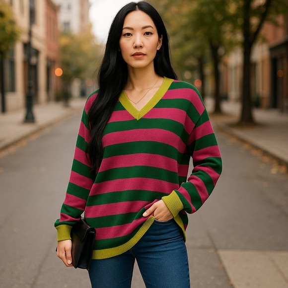 NWT Blooming Jelly Oversized V-Neck Sweater – Pink, Green & Yellow Trim –Small - Picture 1 of 16